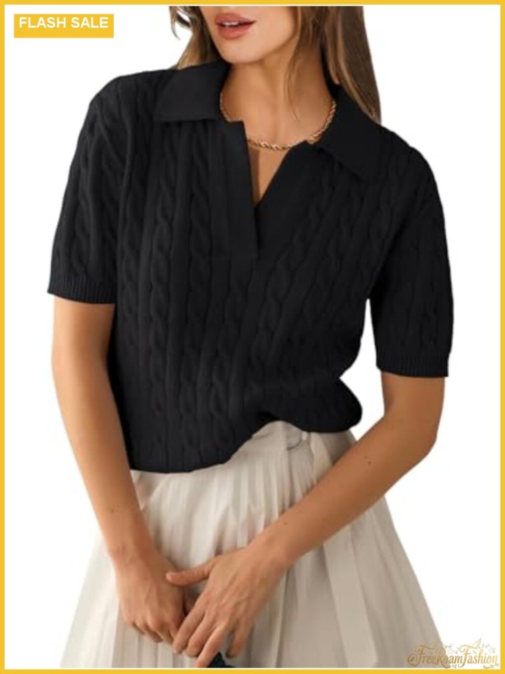 ANRABESS Womens Short Sleeve Cable Knit Polo Sweater Loose V-Neck Summer Top